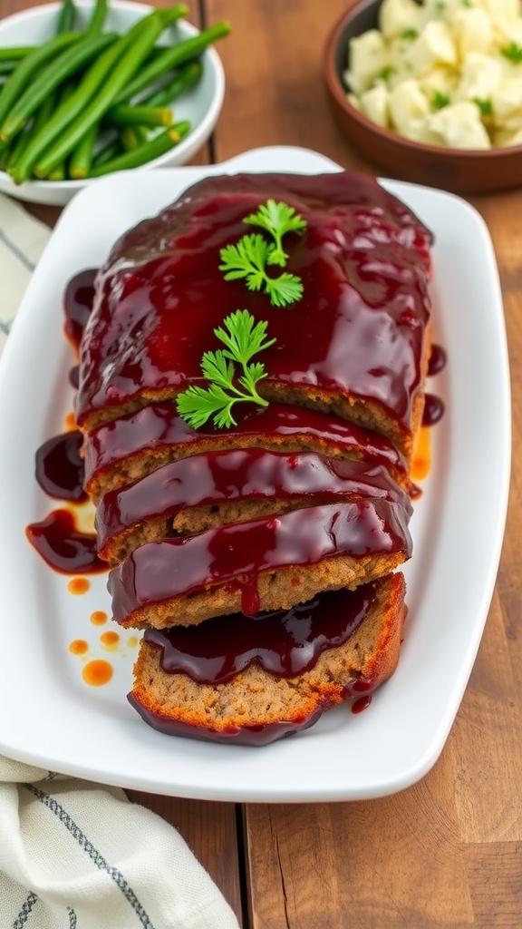 Savory barbecue meatloaf sliced and garnished with parsley, served with mashed potatoes and green beans on a rustic table.